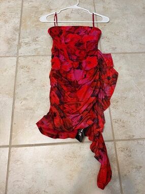 SHEIN Red & Pink Strapless Floral Ruched Mini Dress